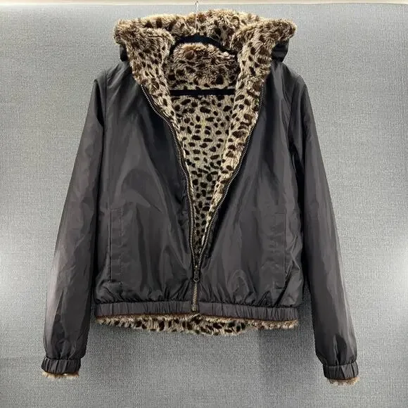 VTG OP Ocean Pacific Faux Fur‎ Animal Print Full Zip Reversible Hooded Jacket XL - Picture 11 of 14